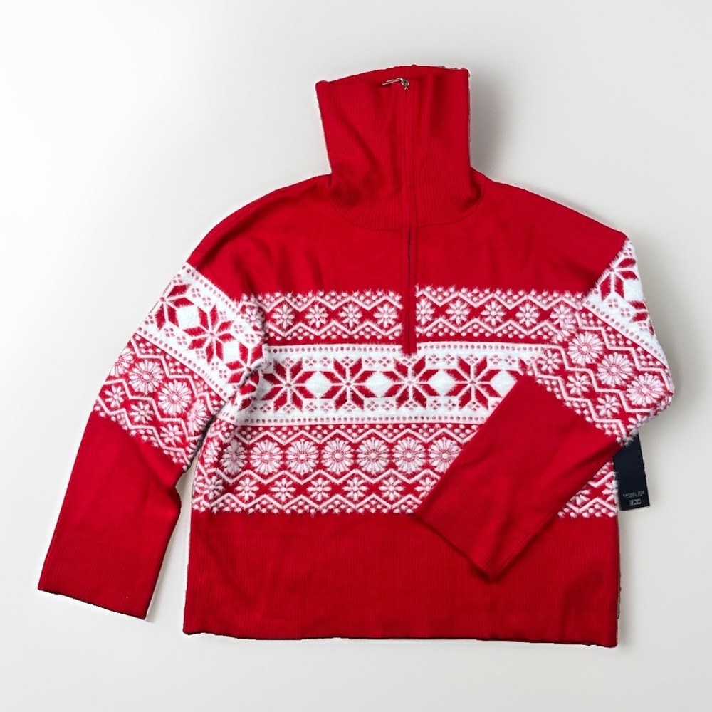 Rachel Zoe Sweater Women's Large Red White 1/4 Zip Winter Holiday Soft - NWT